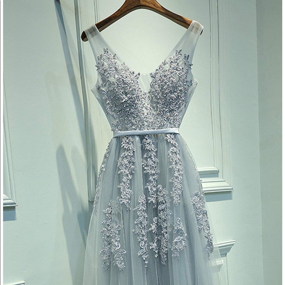 Gorgeous pale silver gown.